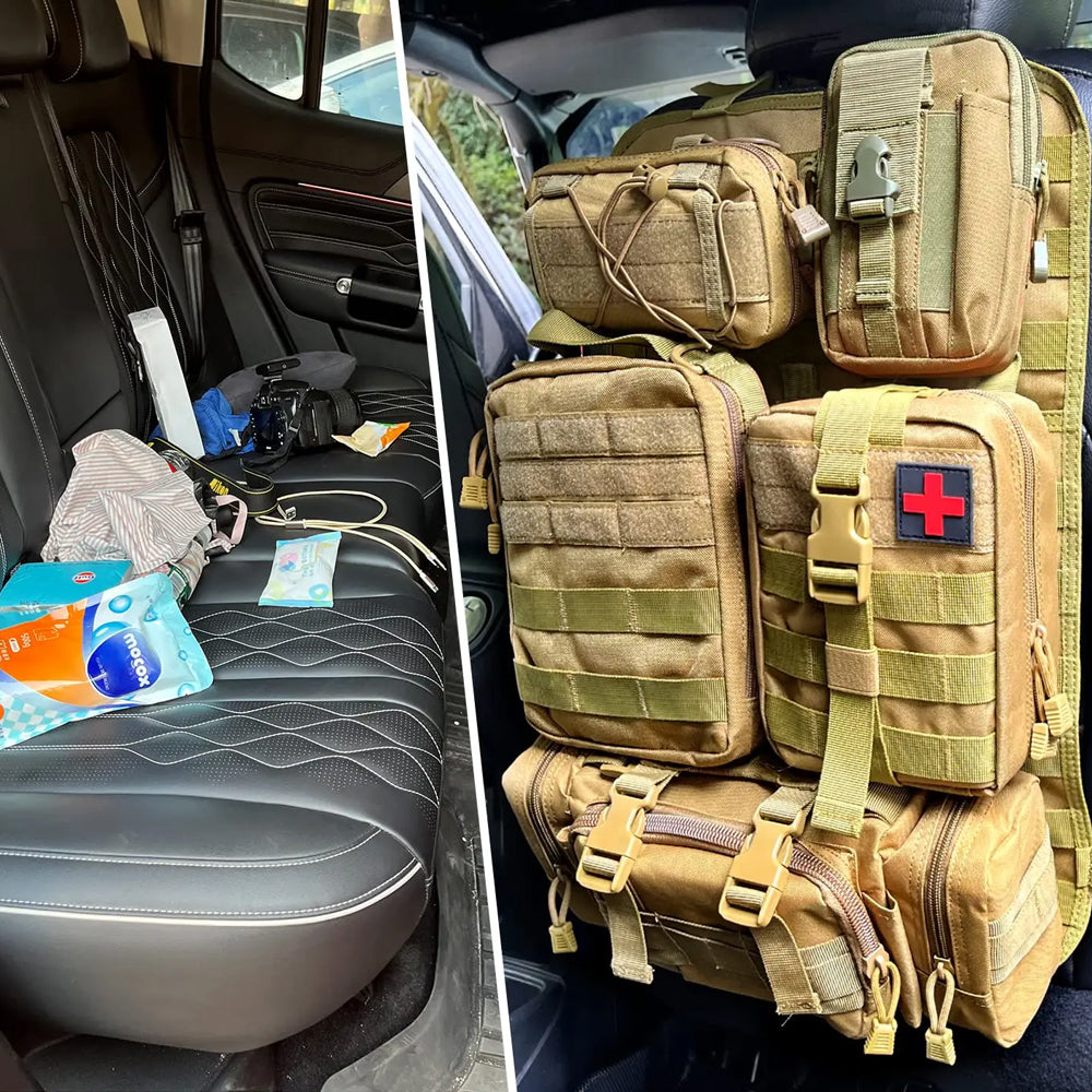 Organized seat back with pouches holding everyday carry gear